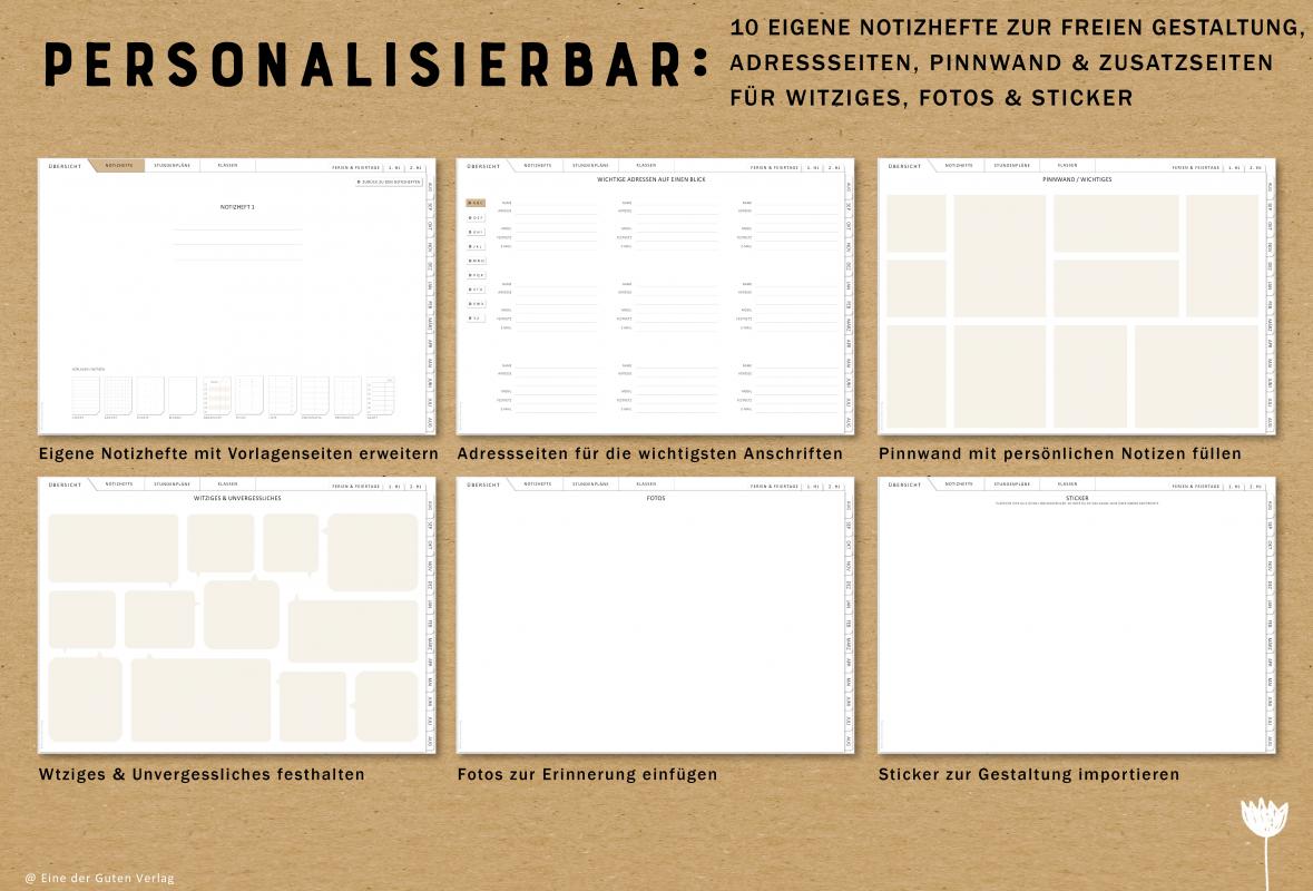 Digitaler Lehrerkalender für Schuljahr 2023 2024 zum Download, individuell gestaltbar, mit Stundenplan, Klassenlisten, Kontaktlisten, Klassenarbeiten Planung, Vertretungsstunden, u.v.m.